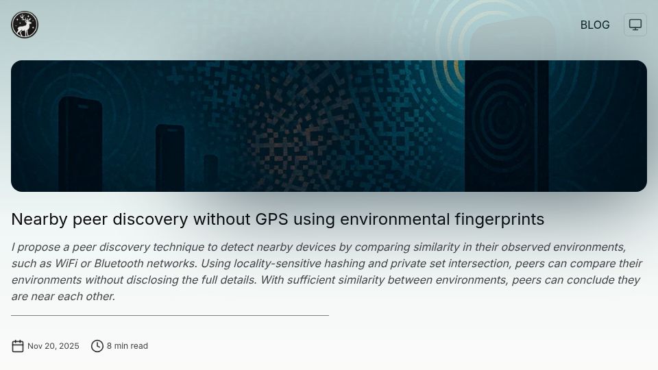 Screenshot of svendewaerhert.com: Nearby peer discovery without GPS using environmental fingerprints