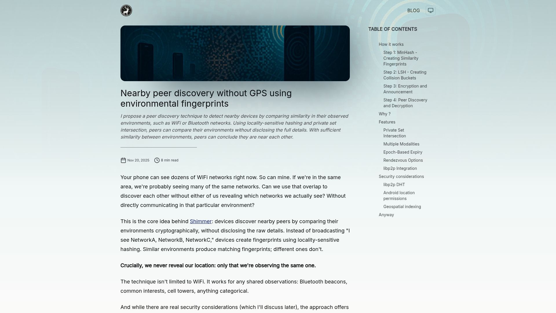Screenshot of svendewaerhert.com: Nearby peer discovery without GPS using environmental fingerprints