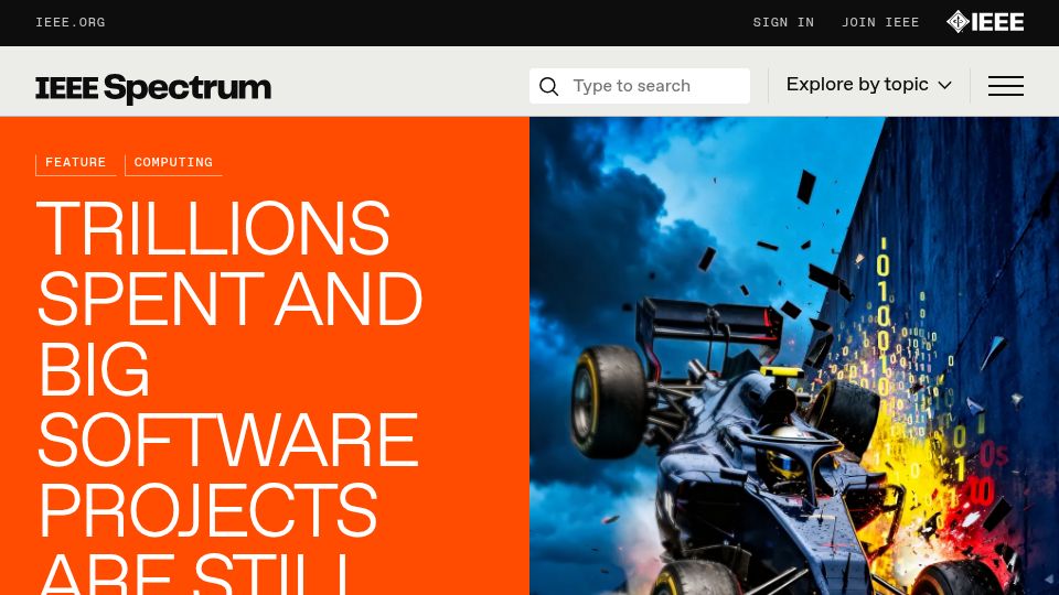 Screenshot of spectrum.ieee.org: Trillions spent and big software projects are still failing