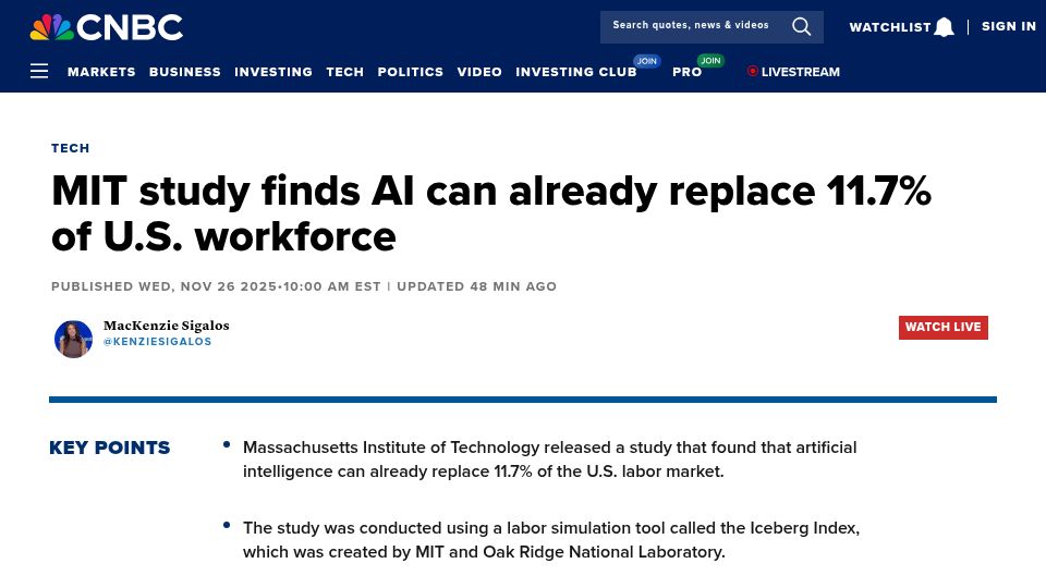 Screenshot of cnbc.com: MIT study finds AI can replace 11.7% of U.S. workforce