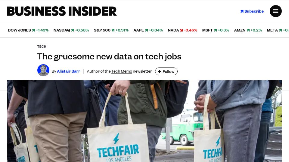 Screenshot of businessinsider.com: The gruesome new data on tech jobs