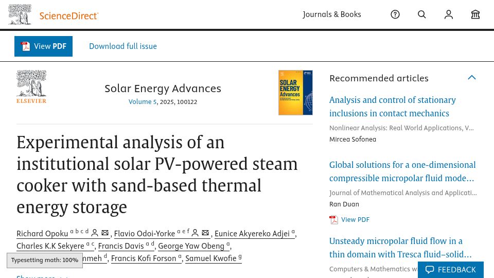 Screenshot of sciencedirect.com: Efficient solar cooking that stores heat in sand