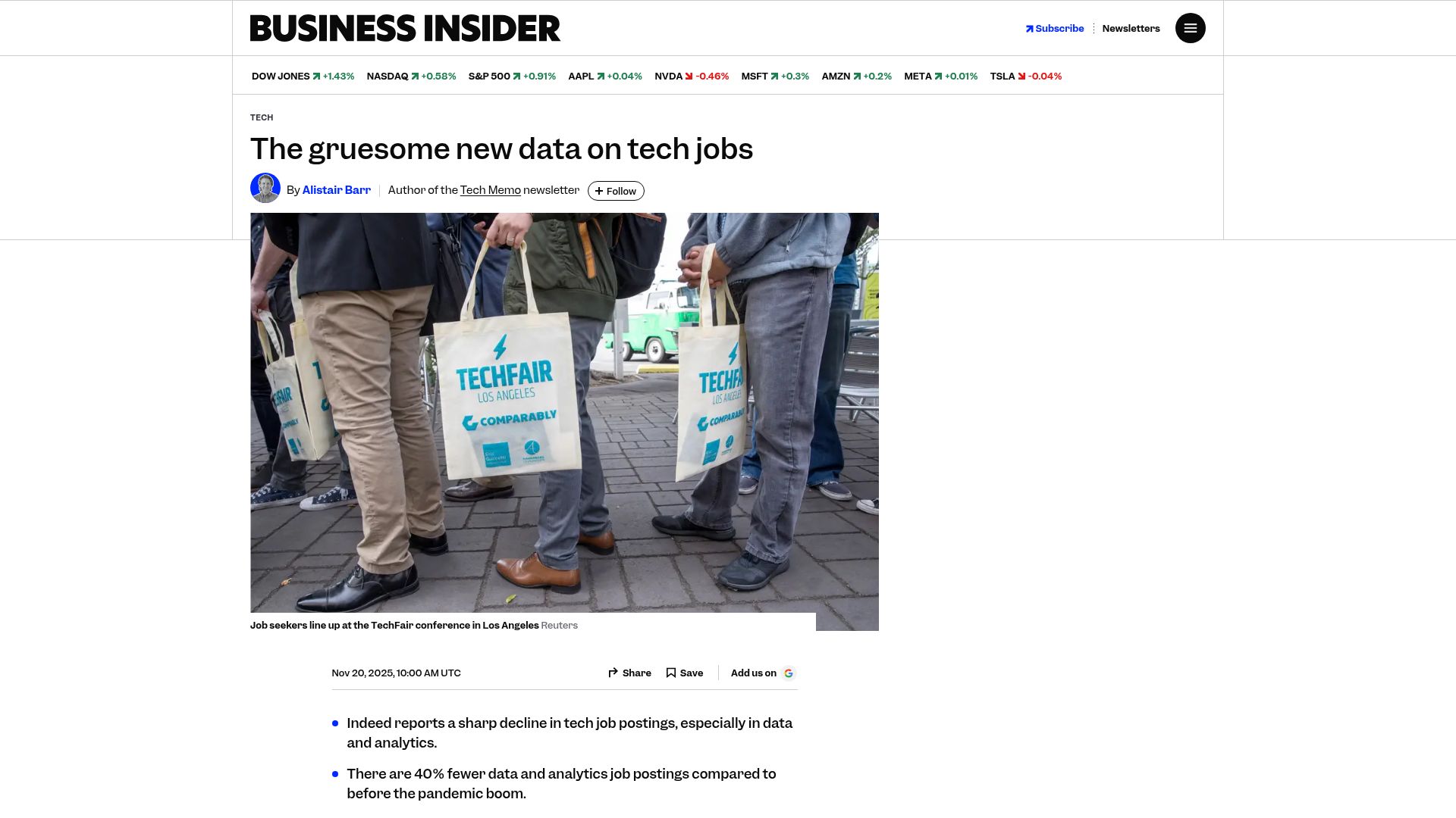 Screenshot of businessinsider.com: The gruesome new data on tech jobs