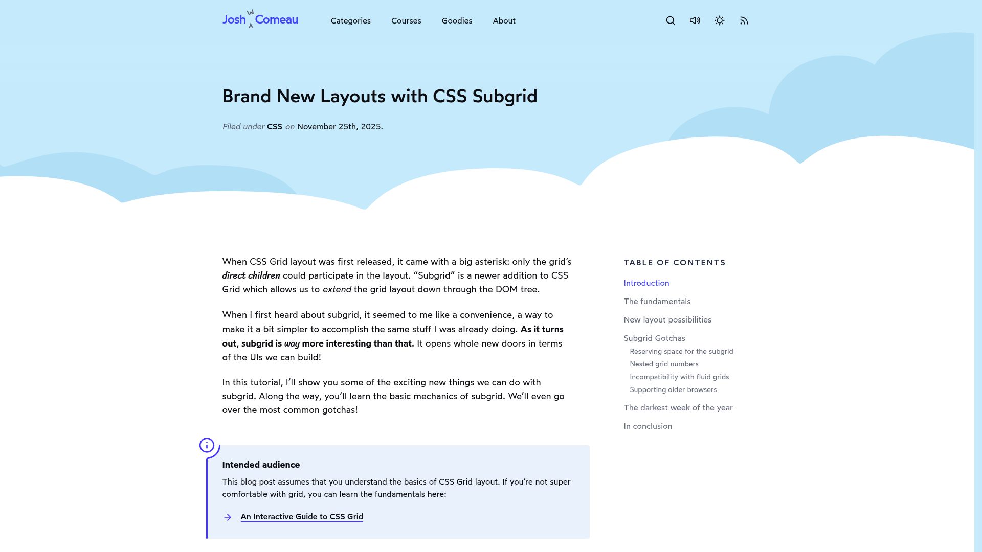 Screenshot of joshwcomeau.com: New layouts with CSS Subgrid