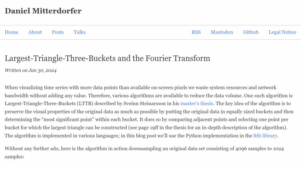 Screenshot of daniel.mitterdorfer.name: Largest-Triangle-Three-Buckets and the Fourier Transform (2024)