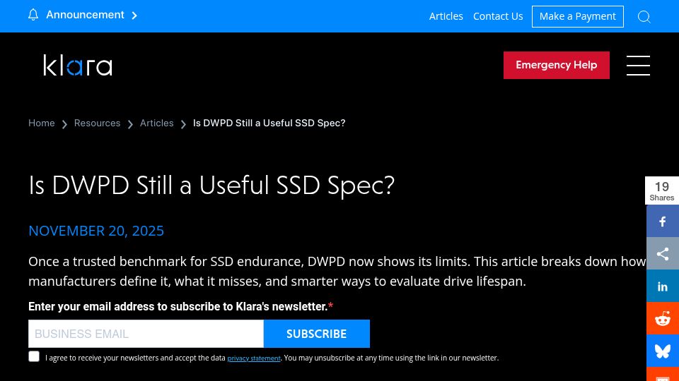 Screenshot of klarasystems.com: Is DWPD Still a Useful SSD Spec?