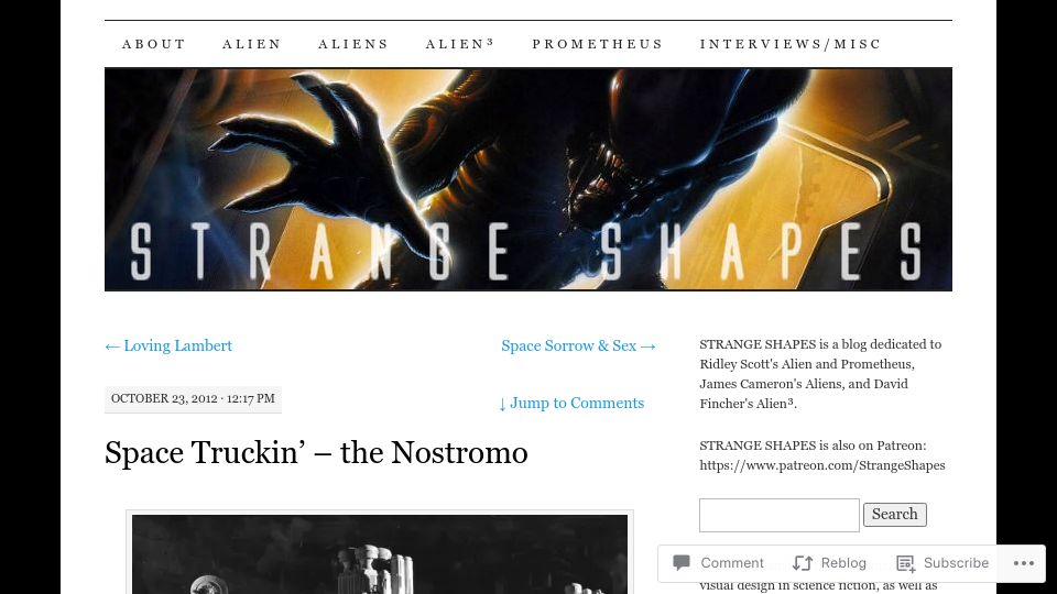 Screenshot of alienseries.wordpress.com: Space Truckin' – The Nostromo (2012)