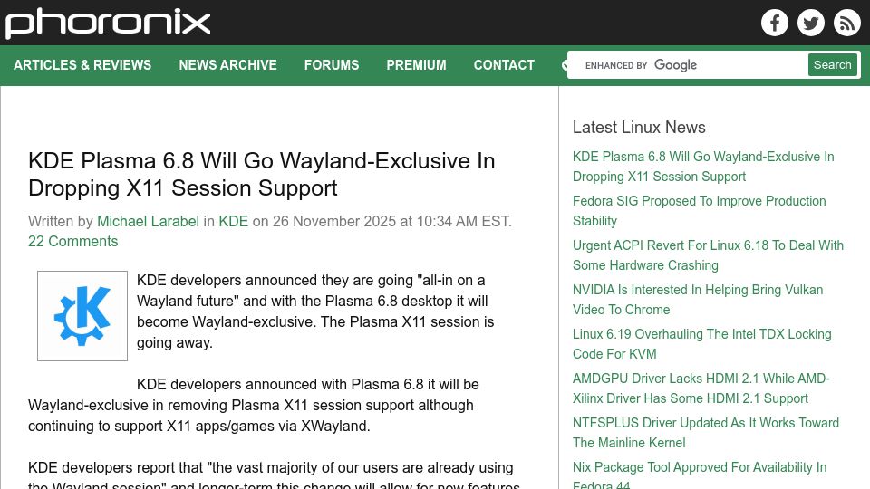 Screenshot of phoronix.com: KDE Plasma 6.8 Will Go Wayland-Exclusive in Dropping X11 Session Support