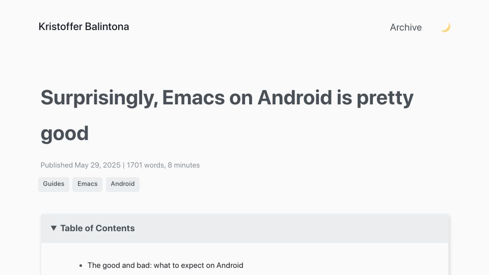 Screenshot of kristofferbalintona.me: Surprisingly, Emacs on Android is pretty good