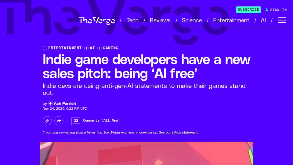 Screenshot of theverge.com: Indie game developers have a new sales pitch: being 'AI free'