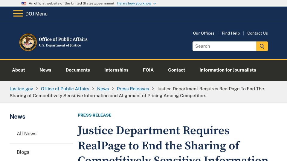 Screenshot of justice.gov: Justice dept. requires Realpage end sharing competitively sensitive information