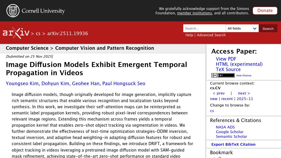 Screenshot of arxiv.org: Image Diffusion Models Exhibit Emergent Temporal Propagation in Videos