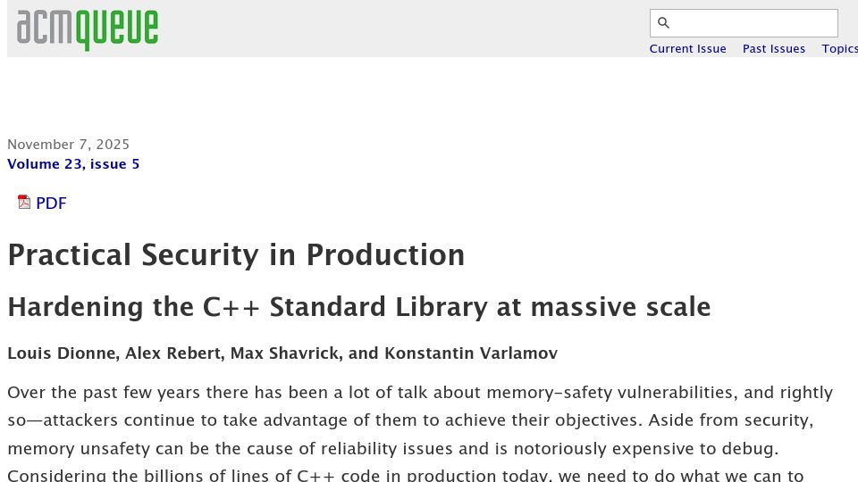 Screenshot of queue.acm.org: Practical Security in Production