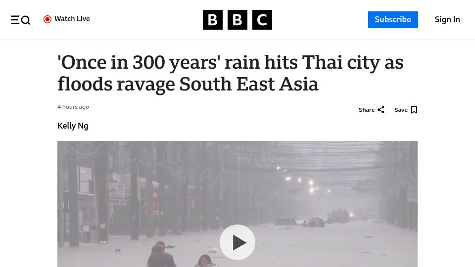 Screenshot of bbc.com: 'Once in 300 years' rain hits Thai city as floods ravage South East Asia