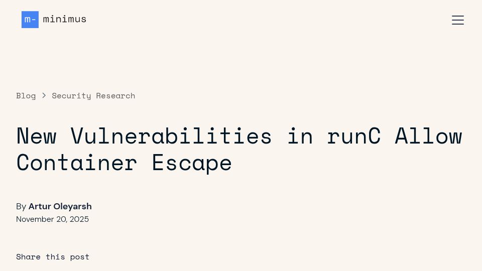 Screenshot of minimus.io: RunC Container Escape: What Docker and Kubernetes Users Need to Know