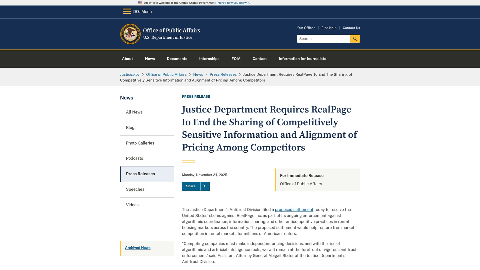 Screenshot of justice.gov: Justice dept. requires Realpage end sharing competitively sensitive information