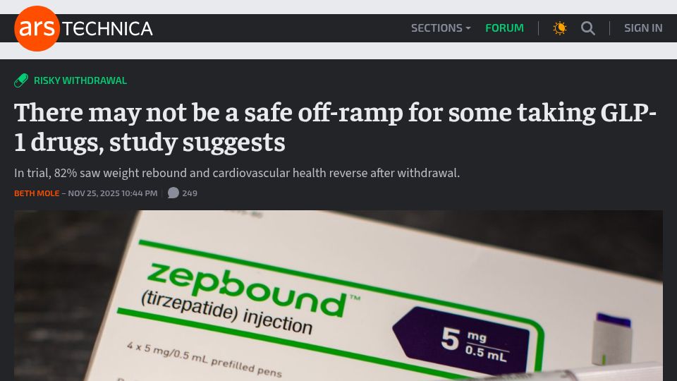 Screenshot of arstechnica.com: There may not be a safe off-ramp for some taking GLP-1 drugs, study suggests