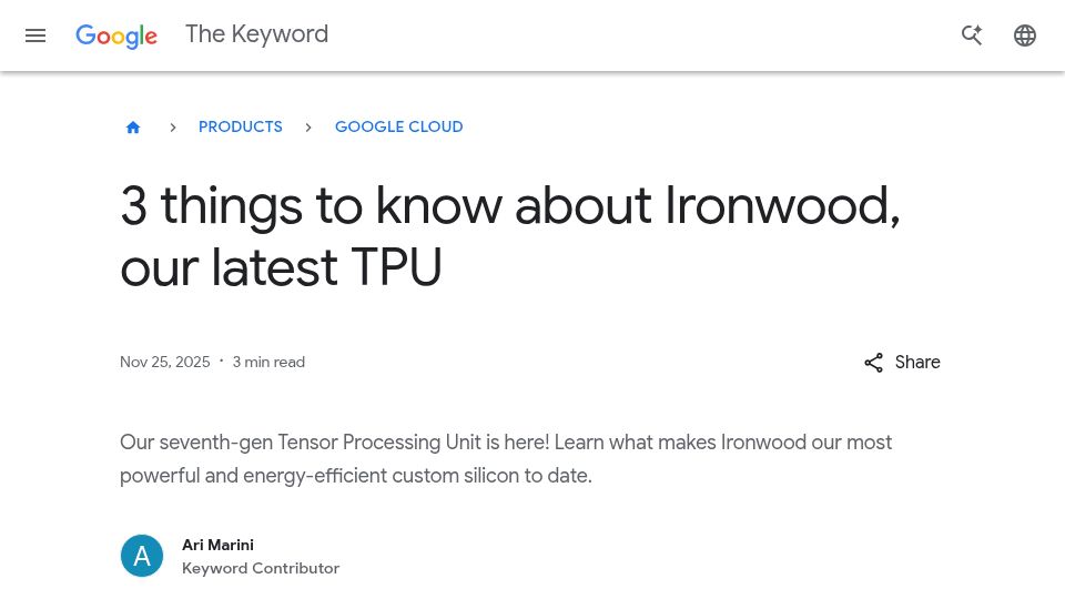 Screenshot of blog.google: Ironwood, our latest TPU