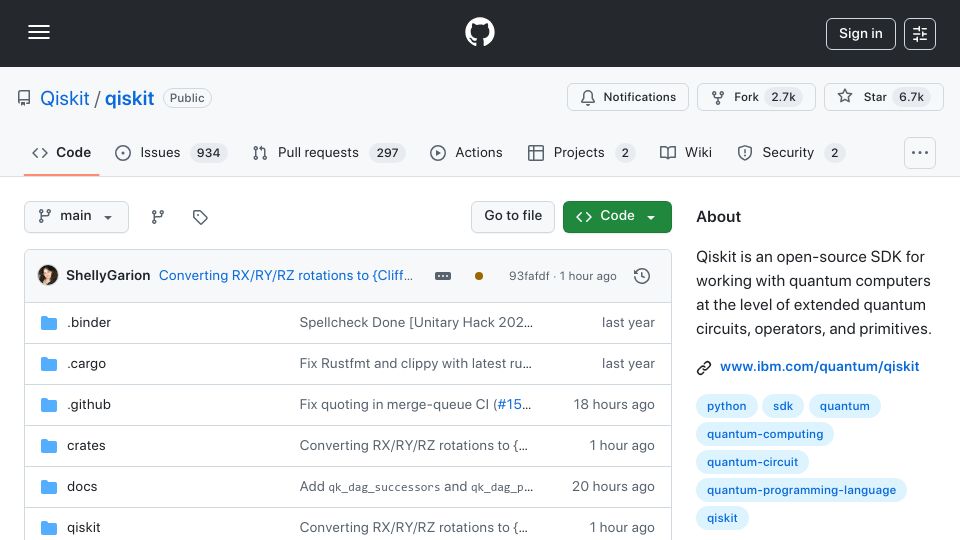Screenshot of github.com: Qiskit open-source SDK for working with quantum computers