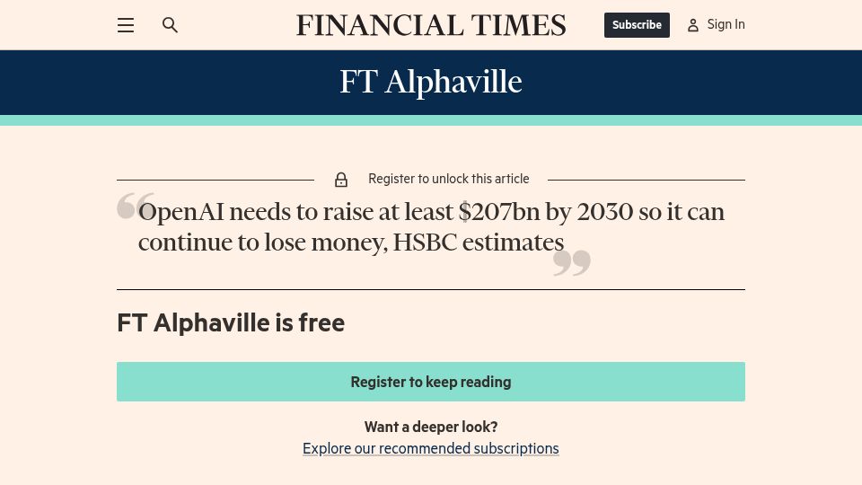 Screenshot of ft.com: OpenAI needs to raise at least $207B by 2030
