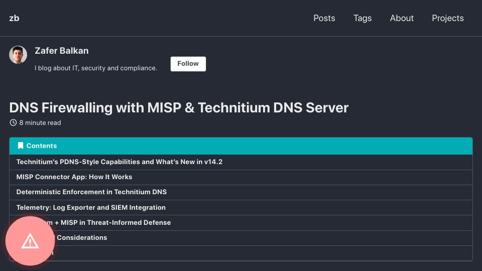 Screenshot of zaferbalkan.com: DNS Firewalling with MISP and Technitium DNS Server