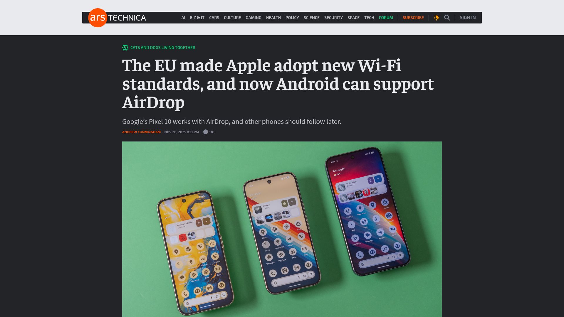 Screenshot of arstechnica.com: The EU made Apple adopt new Wi-Fi standards, and now Android can support AirDrop