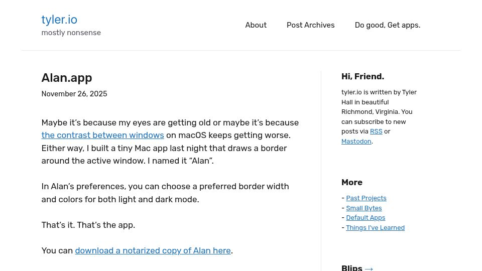 Screenshot of tyler.io: Alan.app – Add a Border to macOS Active Window