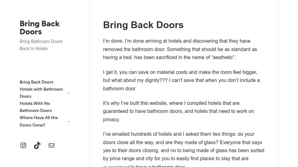 Screenshot of bringbackdoors.com: Bring bathroom doors back to hotels