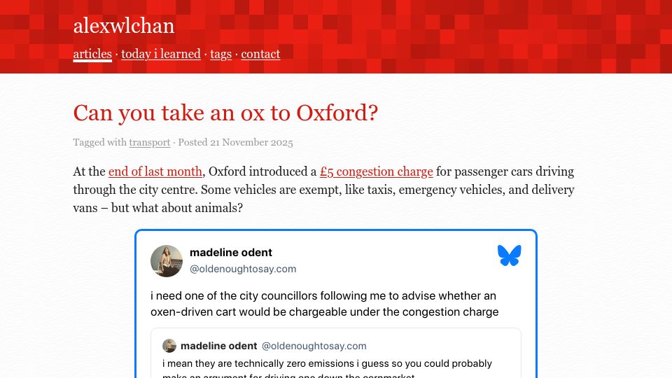 Screenshot of alexwlchan.net: Can you take an ox to Oxford?