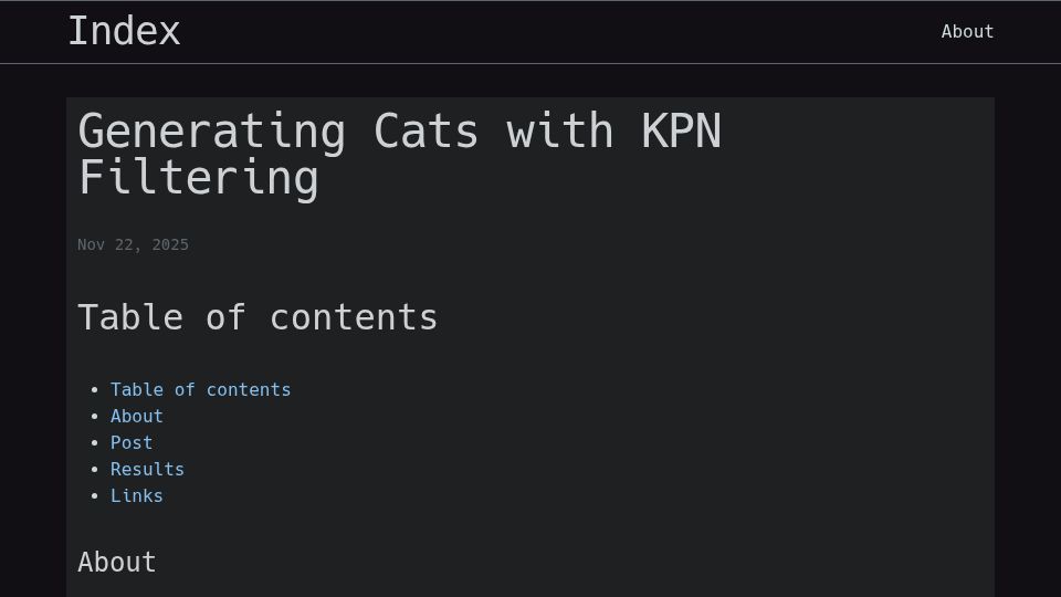 Screenshot of aschrein.github.io: Generating Cats with KPN Filtering