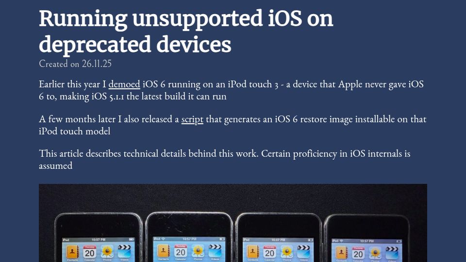 Screenshot of nyansatan.github.io: Running Unsupported iOS on Deprecated Devices
