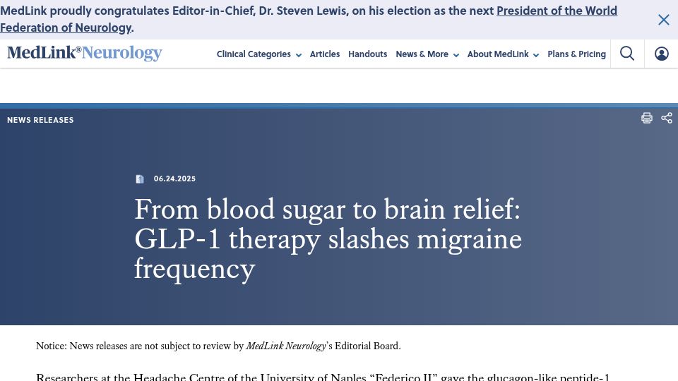 Screenshot of medlink.com: From blood sugar to brain relief: GLP-1 therapy slashes migraine frequency