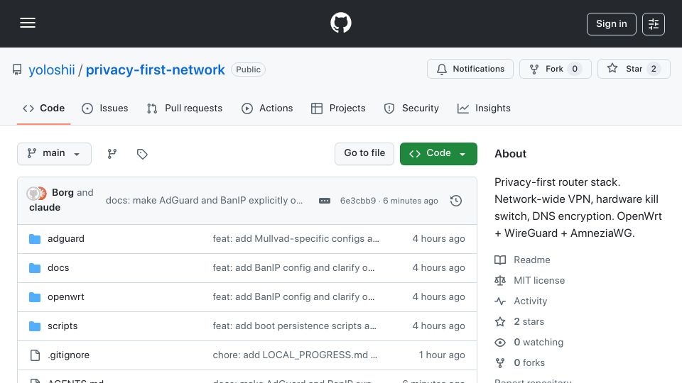 Screenshot of github.com: Show HN: Whole-home VPN router with hardware kill switch (OpenWrt and WireGuard)