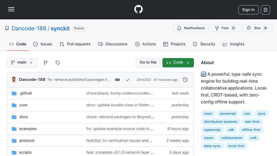 Screenshot of github.com: Show HN: SyncKit – Offline-first sync engine (Rust/WASM and TypeScript)