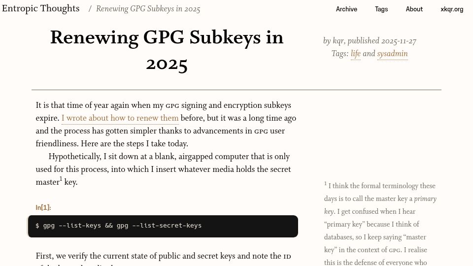 Screenshot of entropicthoughts.com: Renewing GPG Subkeys in 2025