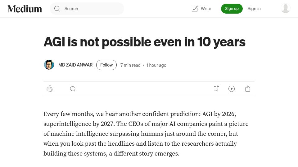 Screenshot of medium.com: AGI is not possible even in 10 years
