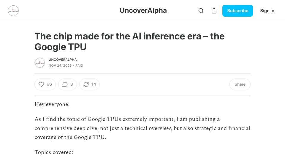 Screenshot of uncoveralpha.com: TPUs vs. GPUs and why Google is positioned to win AI race in the long term