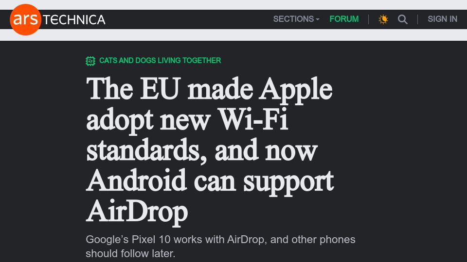 Screenshot of arstechnica.com: The EU made Apple adopt new Wi-Fi standards, and now Android can support AirDrop