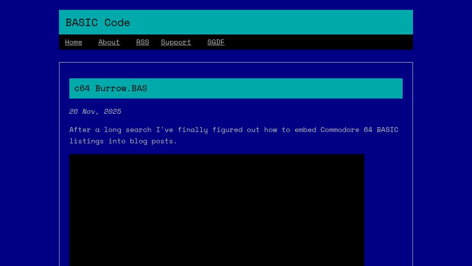 Screenshot of basic-code.bearblog.dev: C64 Burrow.BAS