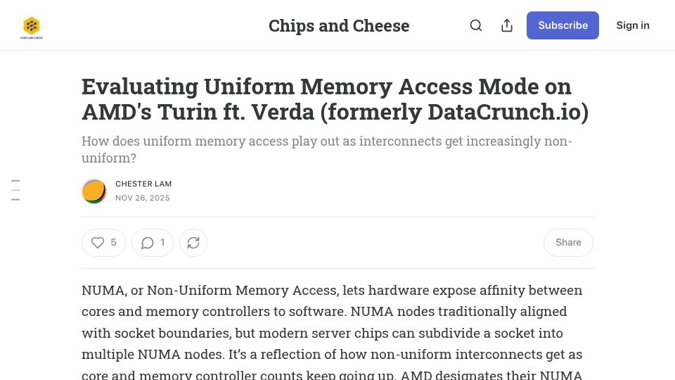 Screenshot of chipsandcheese.com: Evaluating Uniform Memory Access Mode on AMD's Turin