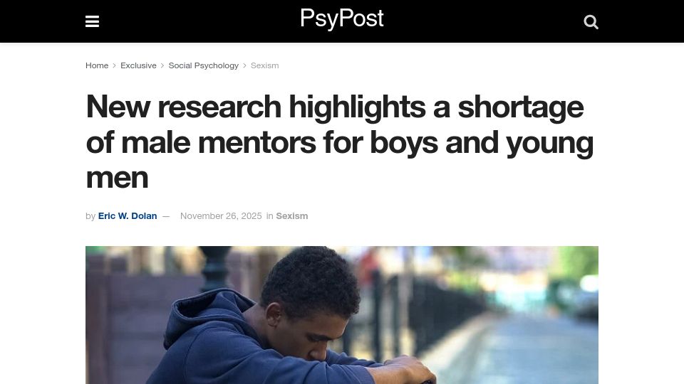 Screenshot of psypost.org: New research highlights a shortage of male mentors for boys and young men