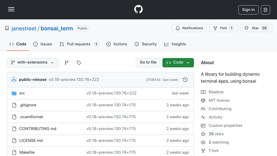 Screenshot of github.com: Bonsai_term: A library for building dynamic terminal apps by Jane Street