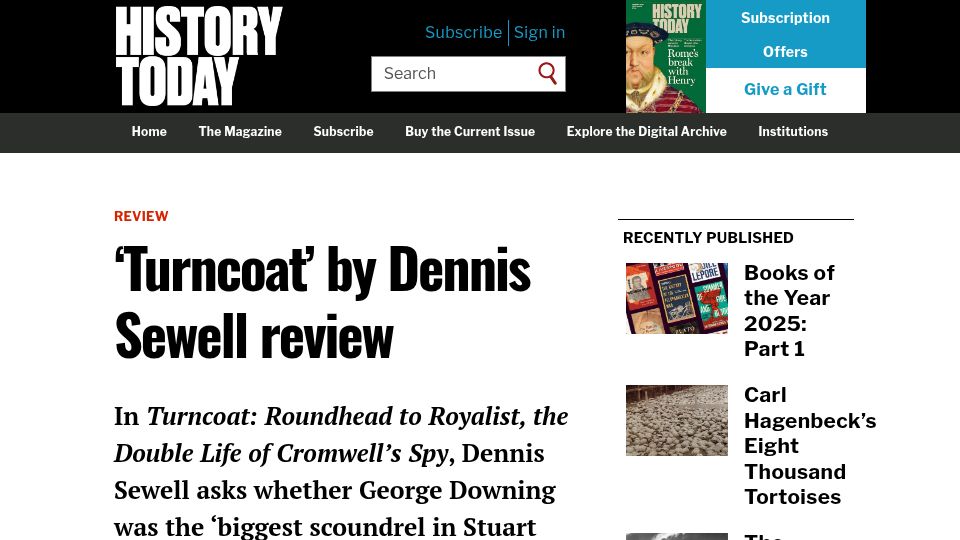 Screenshot of historytoday.com: 'Turncoat' by Dennis Sewell Review