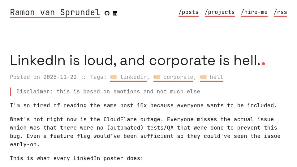 Screenshot of ramones.dev: LinkedIn is loud, and corporate is hell