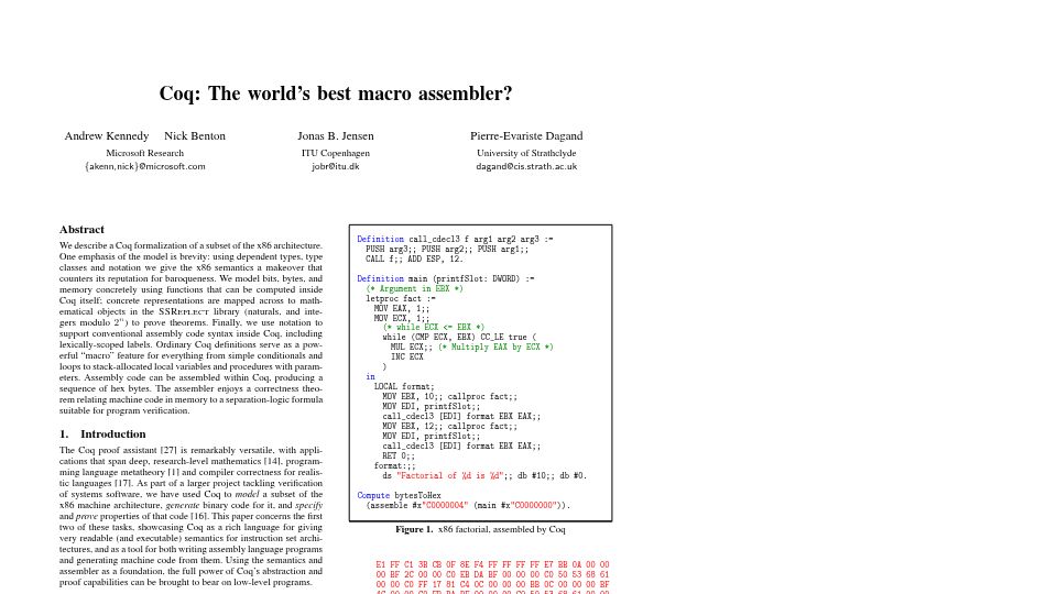 Screenshot of nickbenton.name: Coq: The World's Best Macro Assembler? (2013) [pdf]