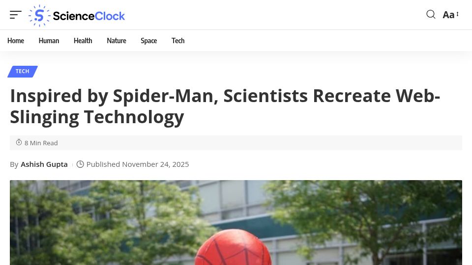 Screenshot of scienceclock.com: Inspired by Spider-Man, scientists recreate web-slinging technology