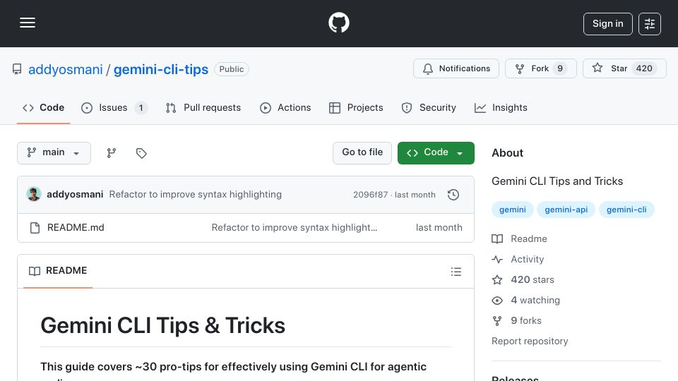Screenshot of github.com: Gemini CLI tips and tricks for agentic coding