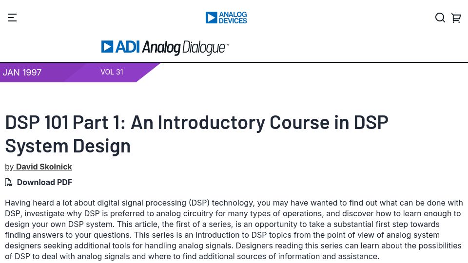 Screenshot of analog.com: DSP 101 Part 1: An Introductory Course in DSP System Design