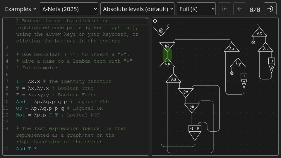 Screenshot of deltanets.org: Interactive λ-Reduction