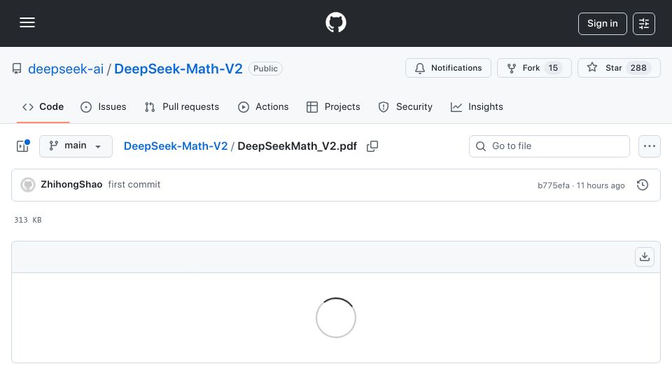 Screenshot of github.com: DeepSeekMath-V2: Towards Self-Verifiable Mathematical Reasoning [pdf]